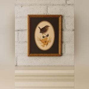 Vintage Sharon Jervis Wren Print with Pressed Flowers in Wooden Frame